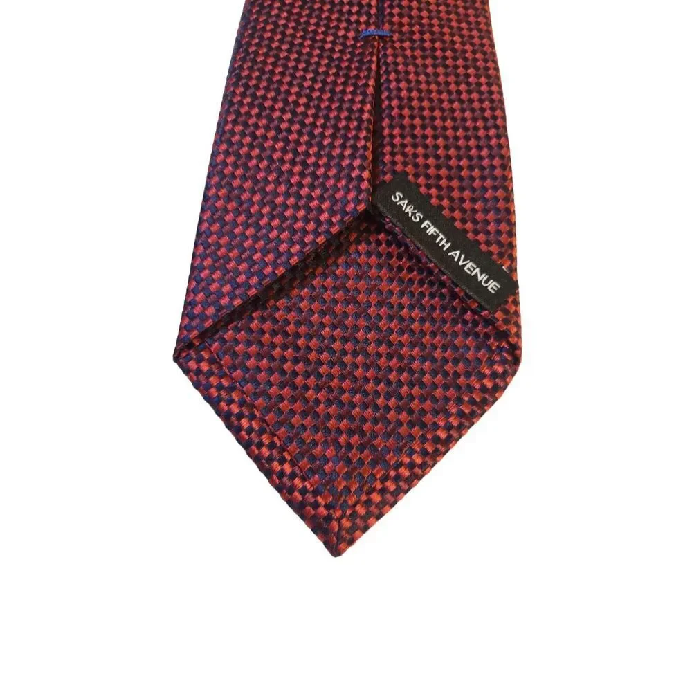 Saks‎ Fifth Avenue Neck Tie Duo Blue & Red Checker and Blue Solid 100% Silk